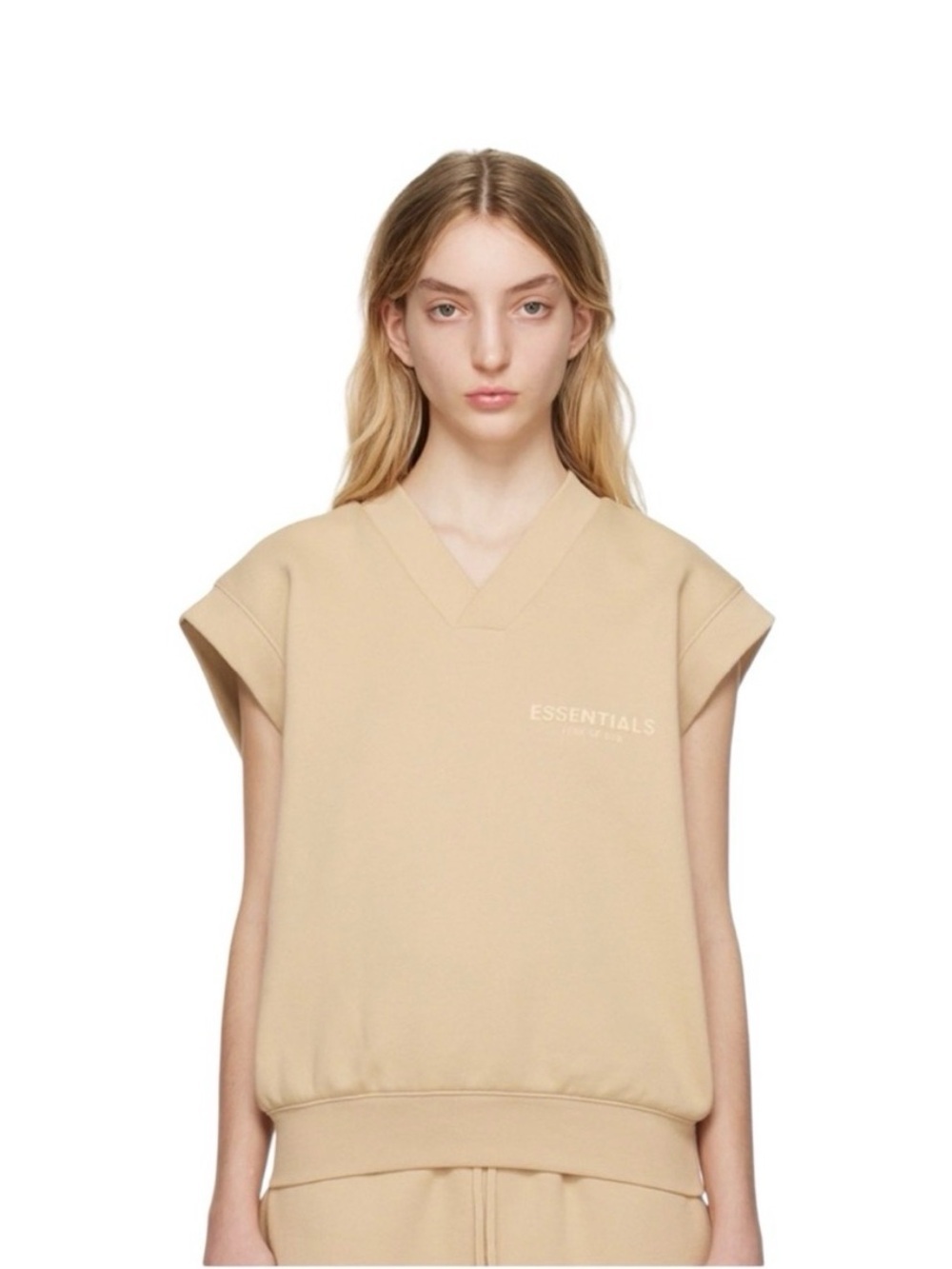 NWT Fear of God Essentials V-Neck Sleeveless Sweatshirt Vest Golden Beige Sz XS